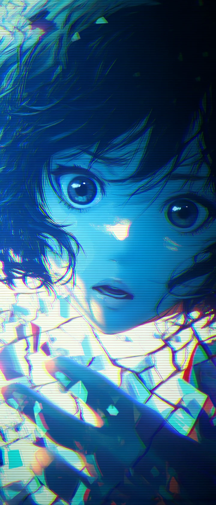 ひび割れたデジタルデスクトップに閉じ込められたアニメ少女