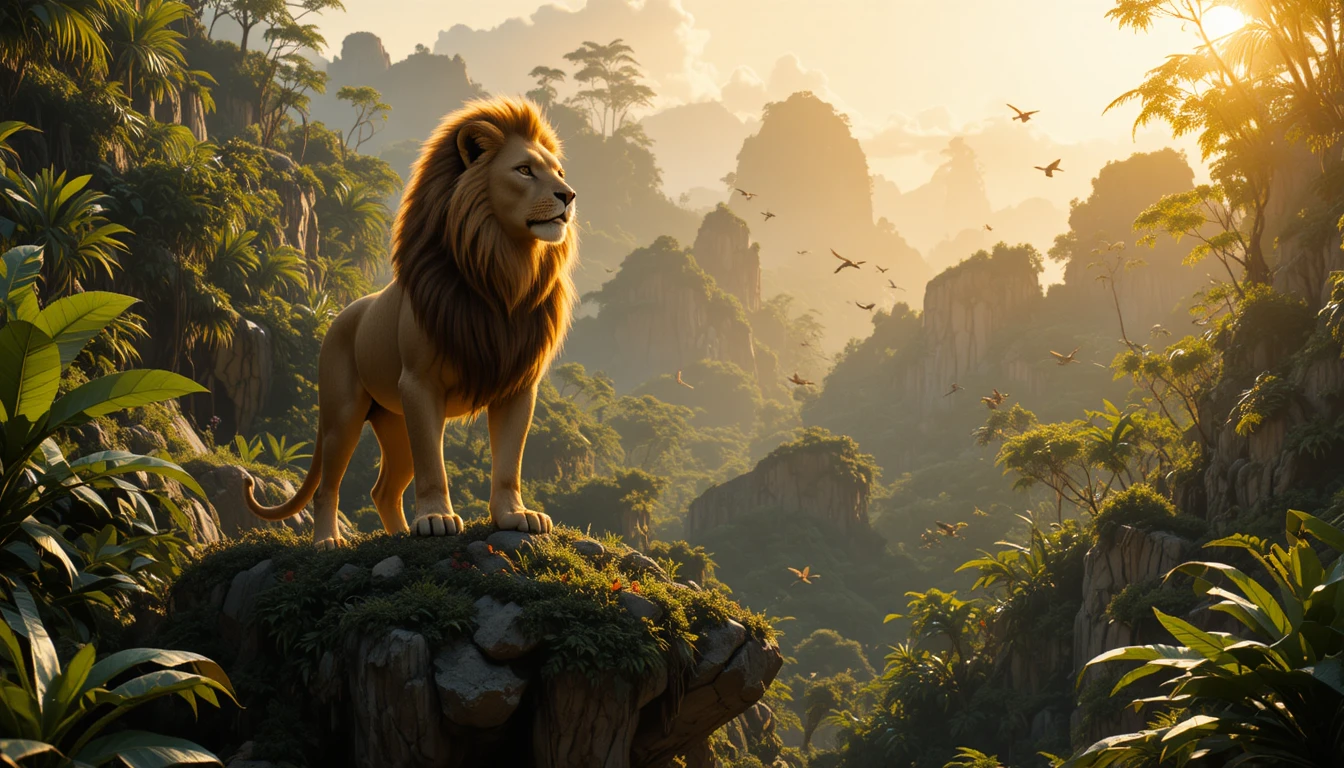 Majestic lion standing on rocky ledge in sunlit jungle