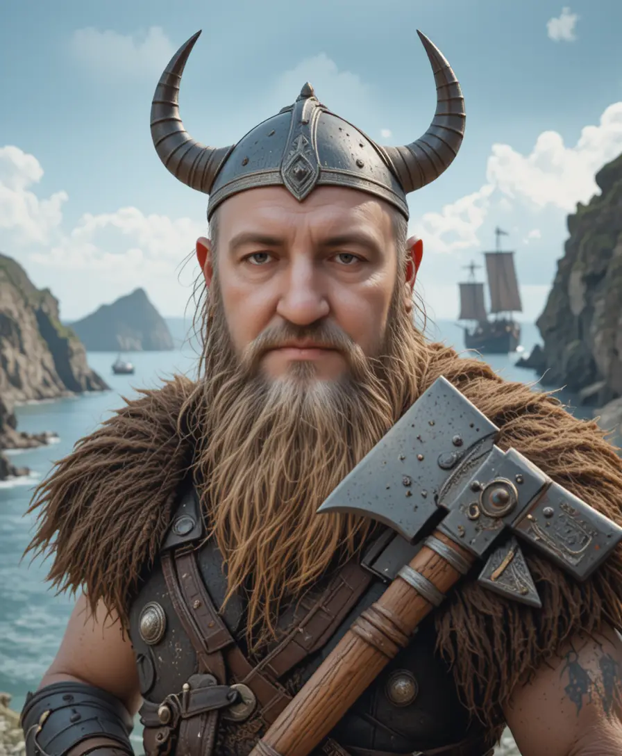 Fierce Viking berserker portrait by the sea cliffs