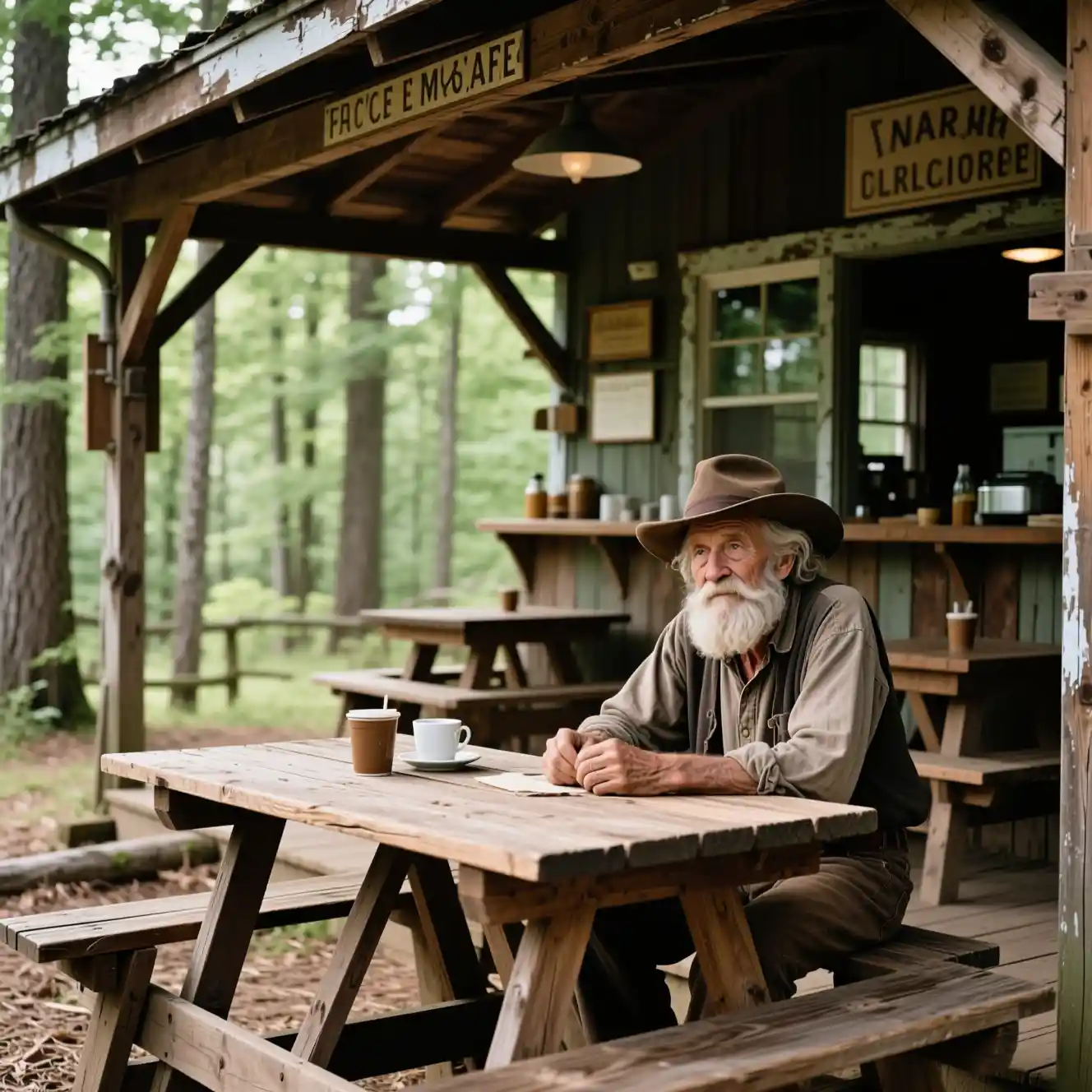 Old man sitting at a rustic wooden cafe table in woods