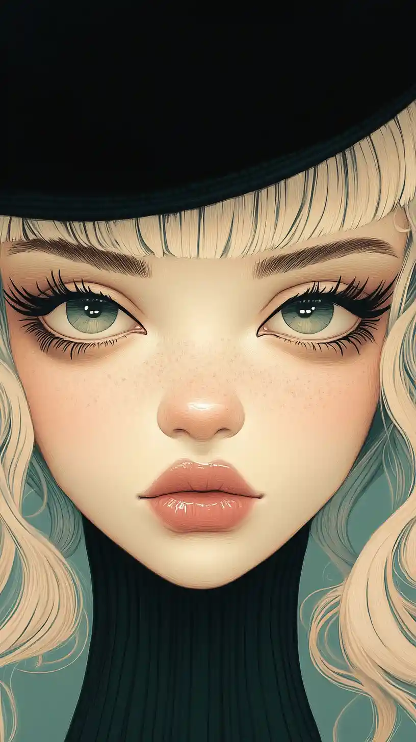 Surreal close up portrait of a doll eyed blonde girl
