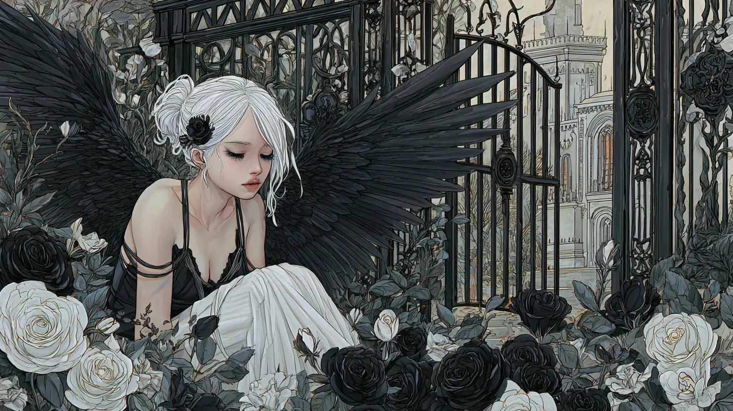 Punk angel resting among black roses in a dark garden