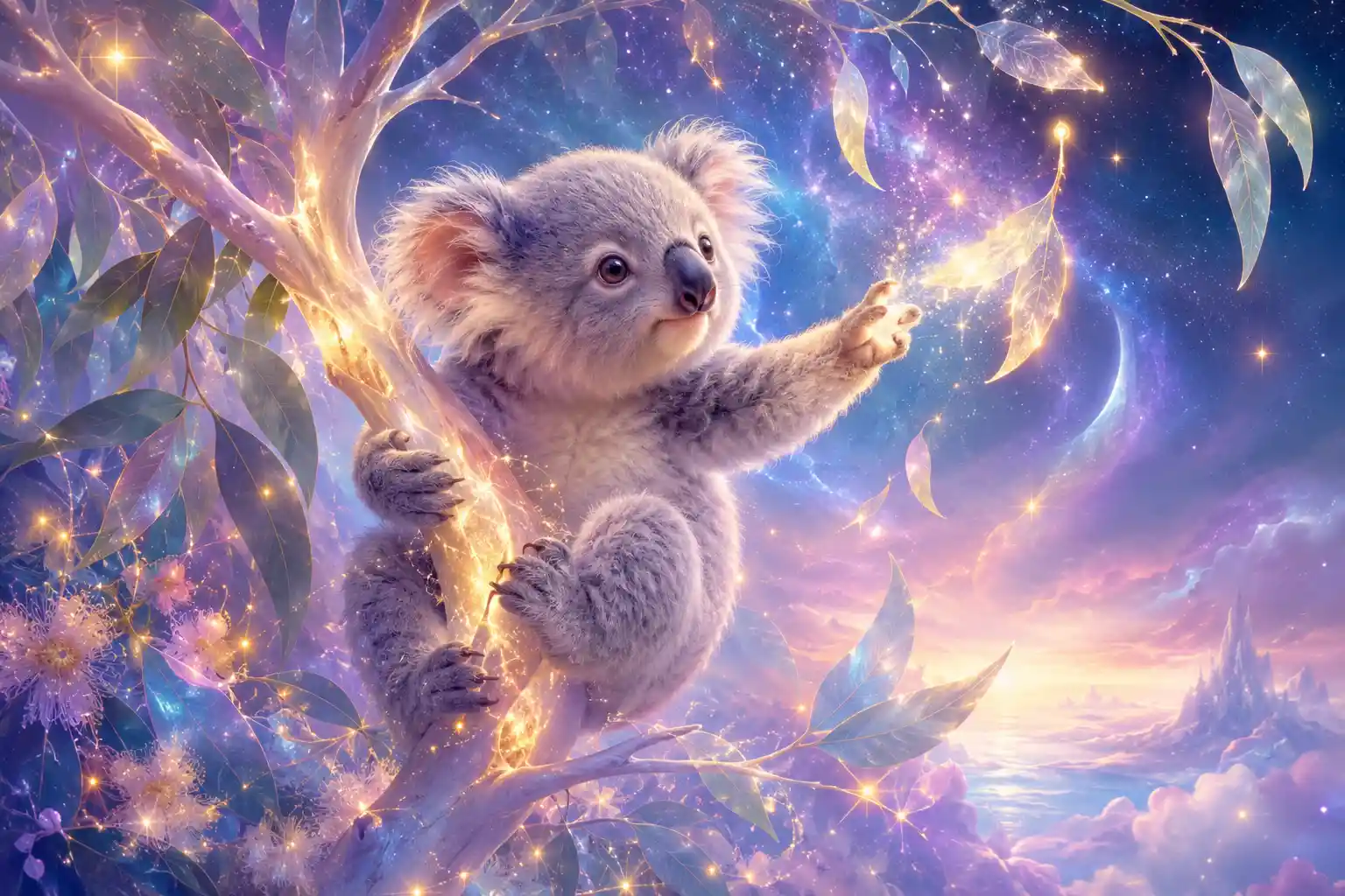 Cute baby koala clinging to glowing eucalyptus branch