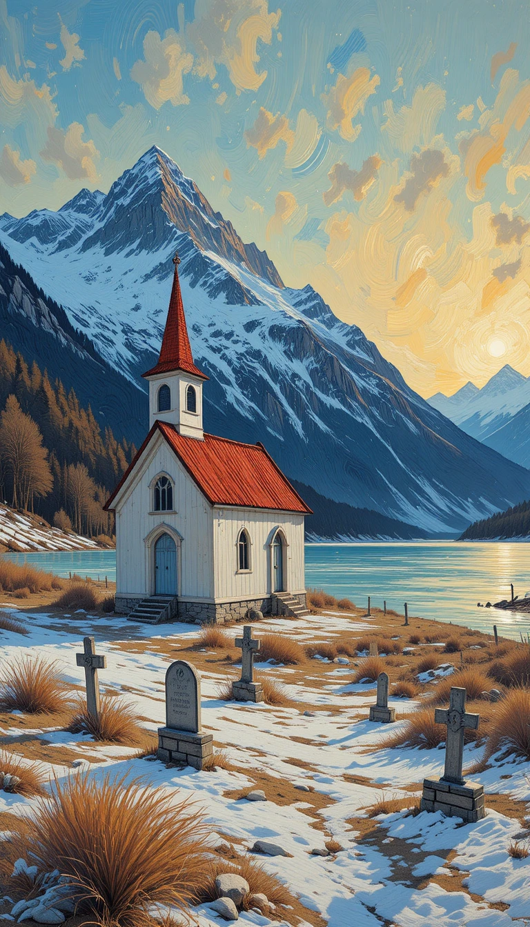 Lonely mountain church by a frozen lake at sunset