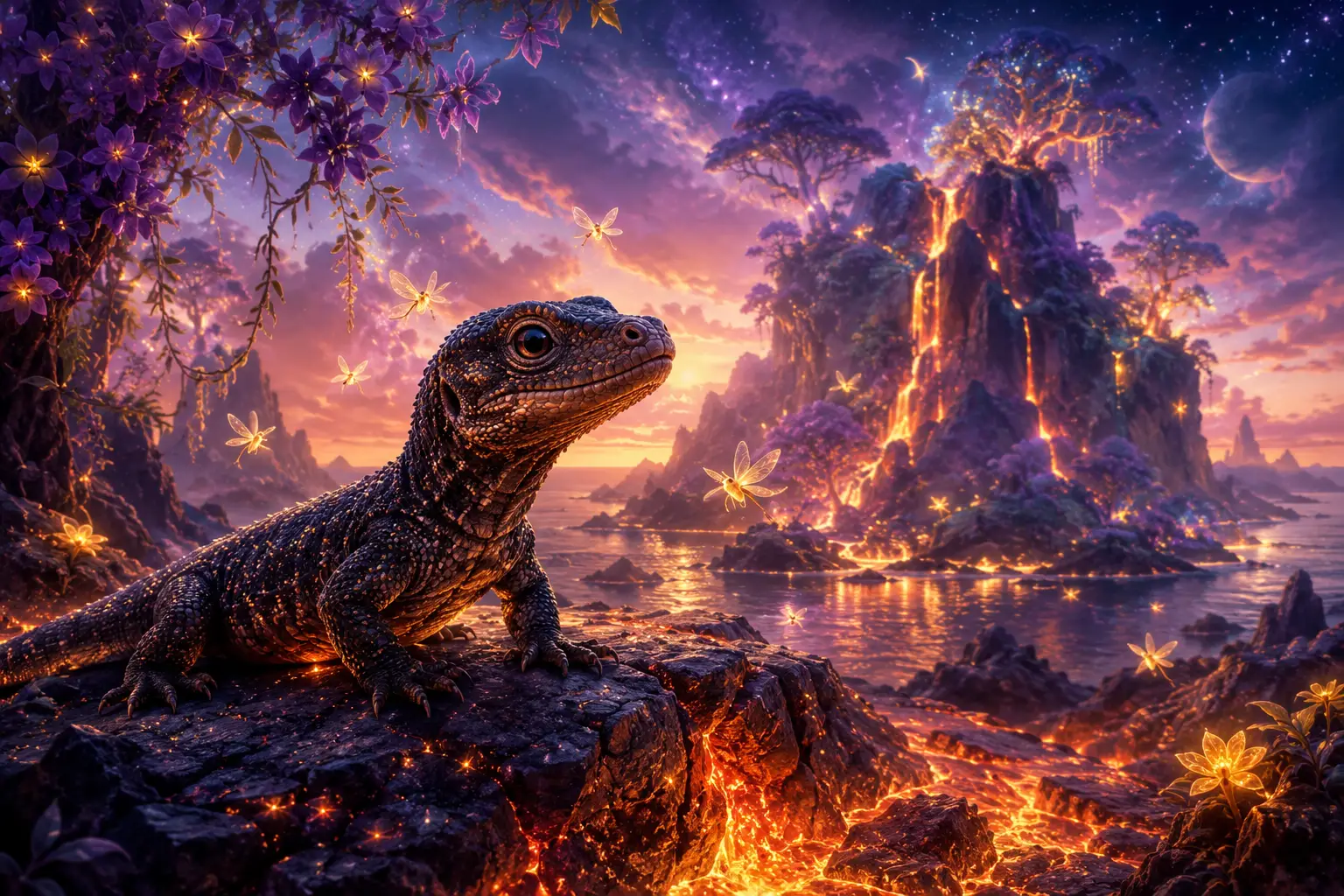 Cucciolo di lucertola esplora rocce di lava luminose su un'isola fantastica
