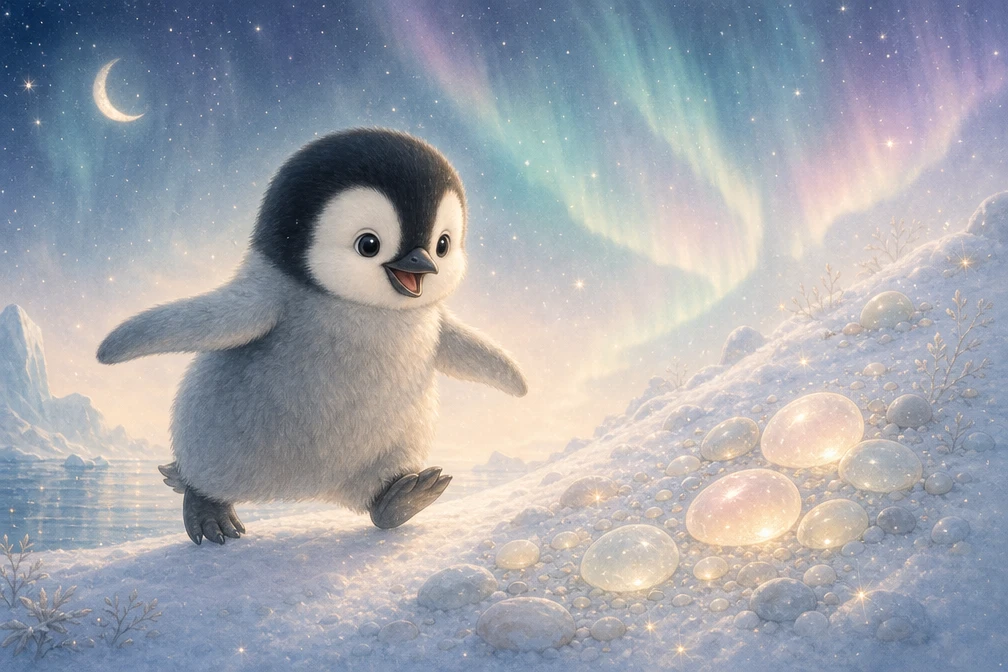 Cute baby penguin waddling toward glowing pebbles in snow