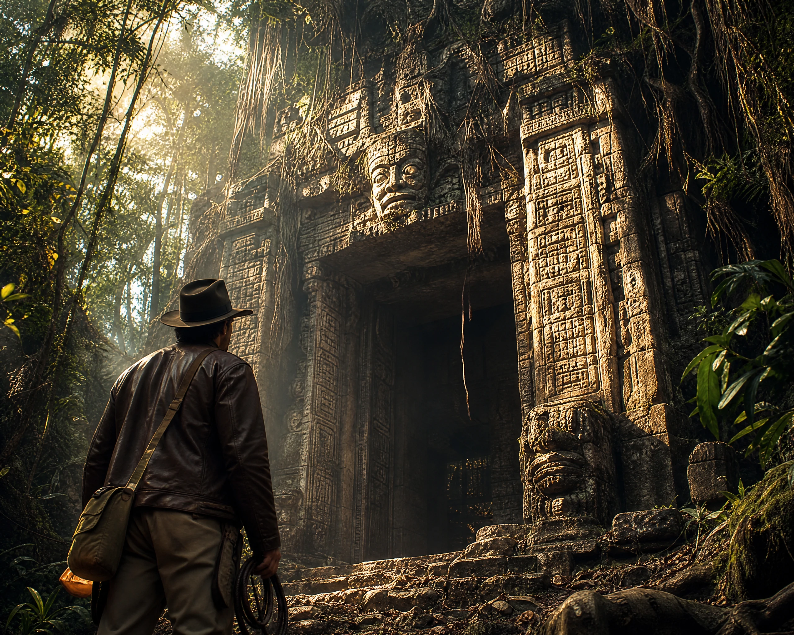 Explorer at the entrance of a vast jungle temple