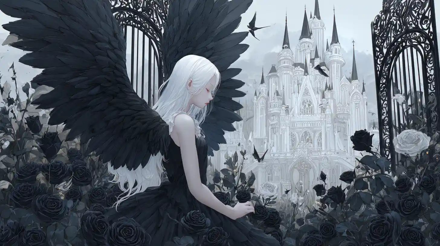 Gothic angel woman resting in a black rose garden
