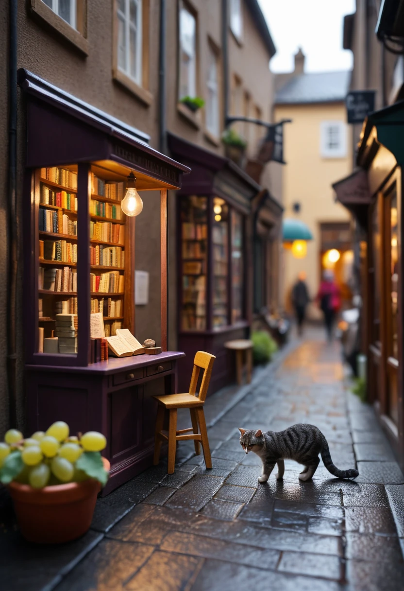 店主の老人が本を読む小さな本屋のジオラマ