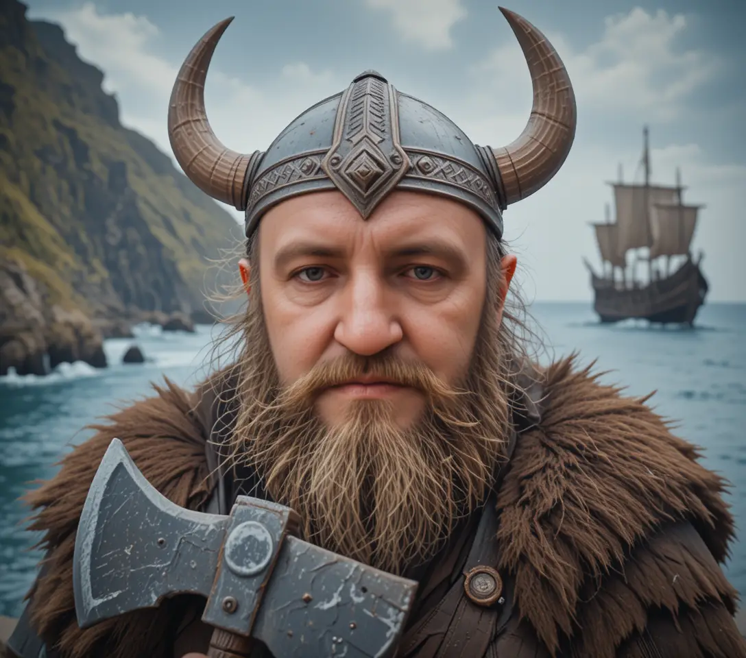 Fierce Viking berserker portrait by the sea cliffs