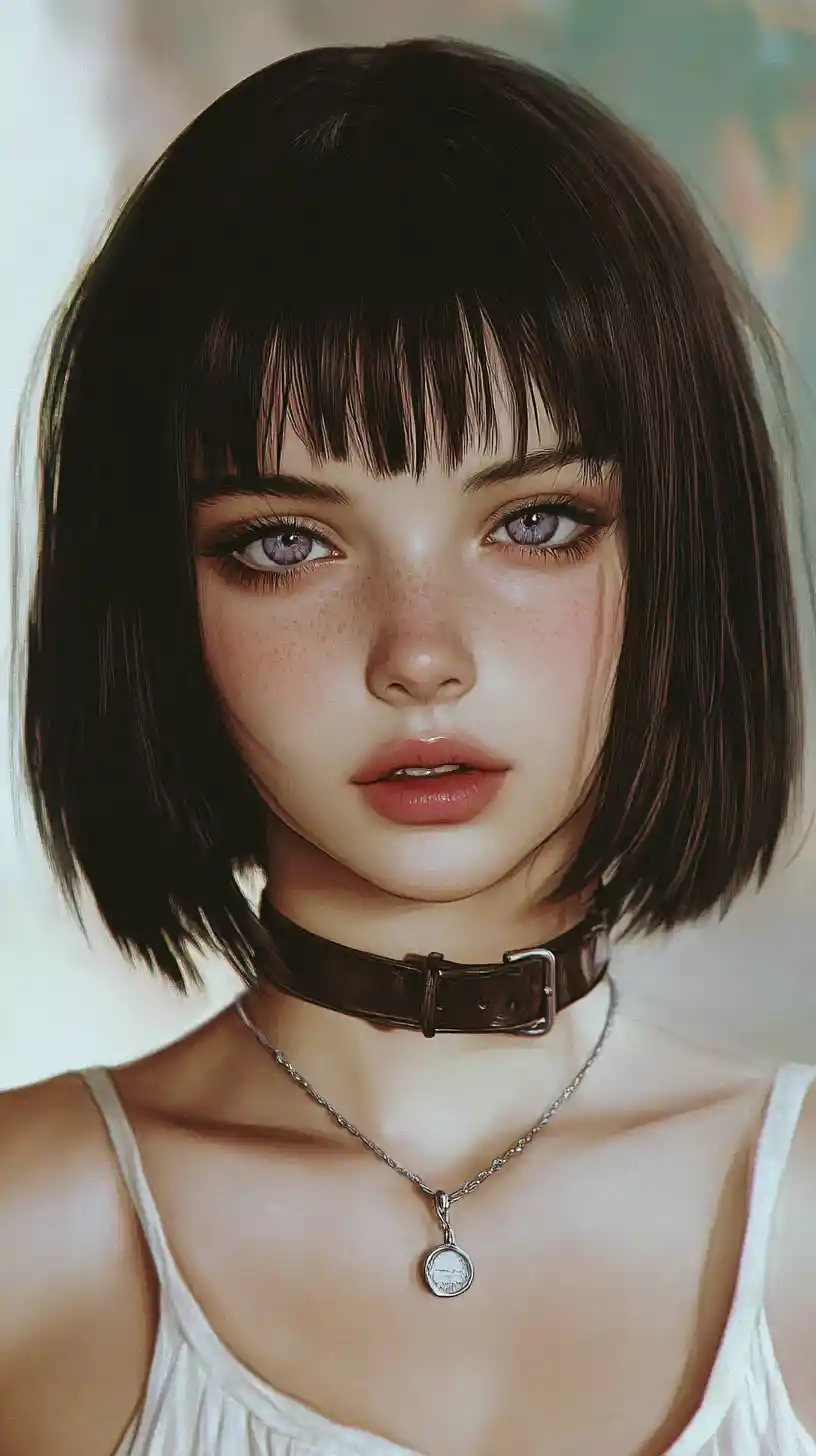 Anime girl portrait with choker and intense gray violet eyes