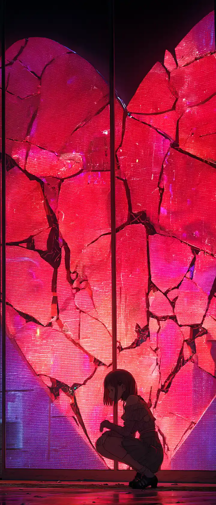 Sad anime girl inside a cracked neon heart above city