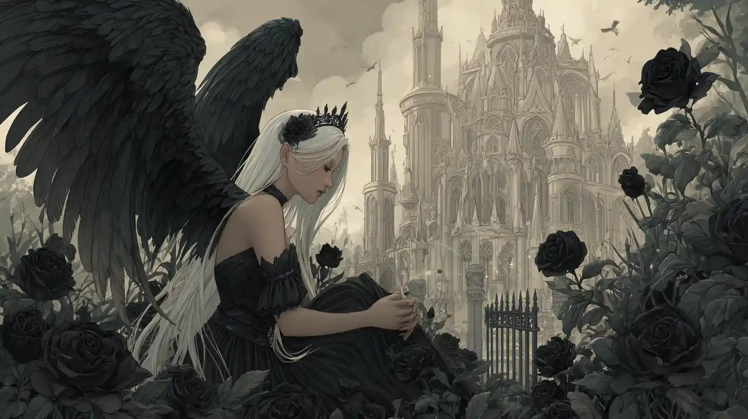 Gothic angel woman resting in a black rose garden