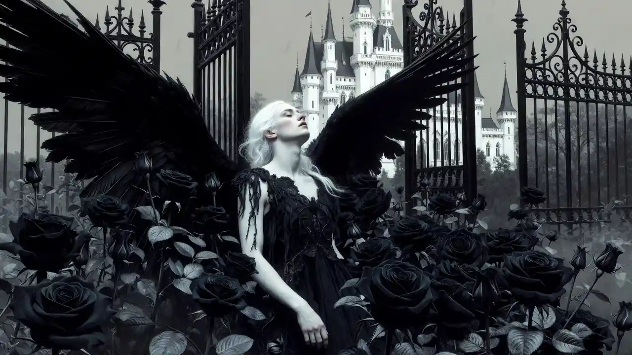 Punk angel resting among black roses in a dark garden