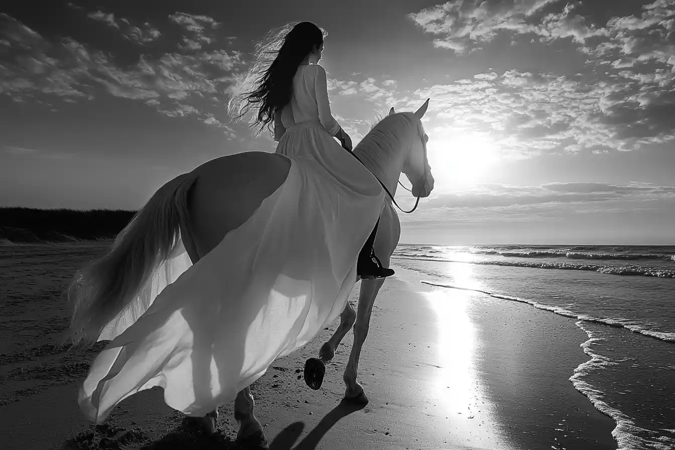 Woman on white horse riding along a quiet beach
