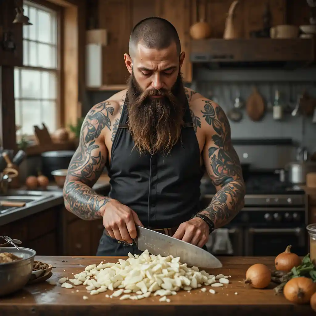 Bald bearded man chopping onions and crying in kitchen