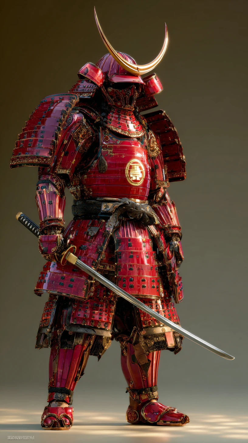 Samurai mecha in ceremonial armor at golden hour
