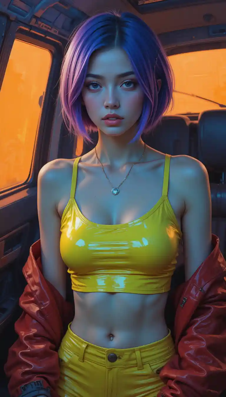 Young woman in yellow outfit inside dim car interior