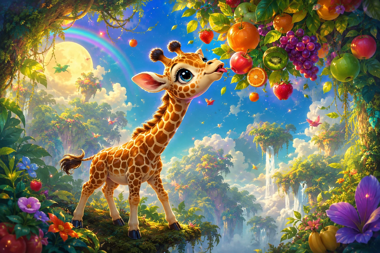Cute baby giraffe reaching for floating fruit in jungle canopy