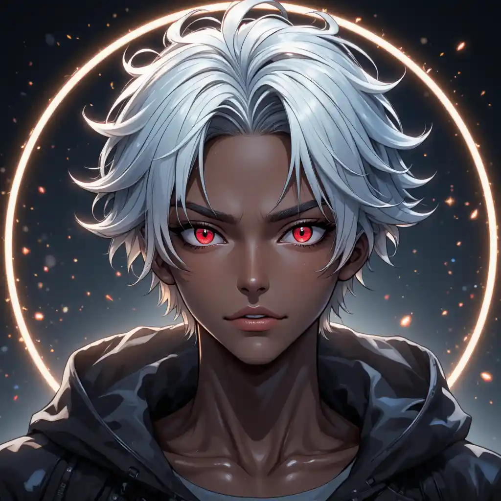 Anime boy with silver hair and red eyes portrait