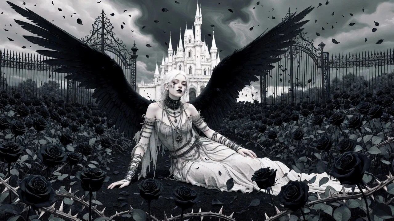 Pale punk angel resting among black roses in a garden