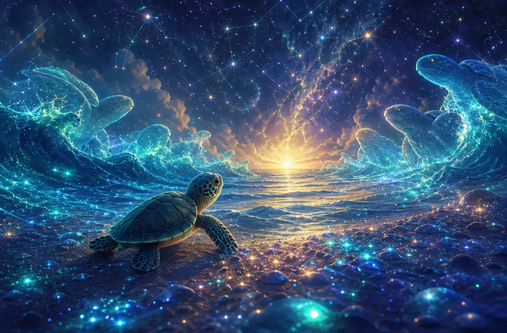 Tortuga marina bebé en playa de fantasía luminosa de noche