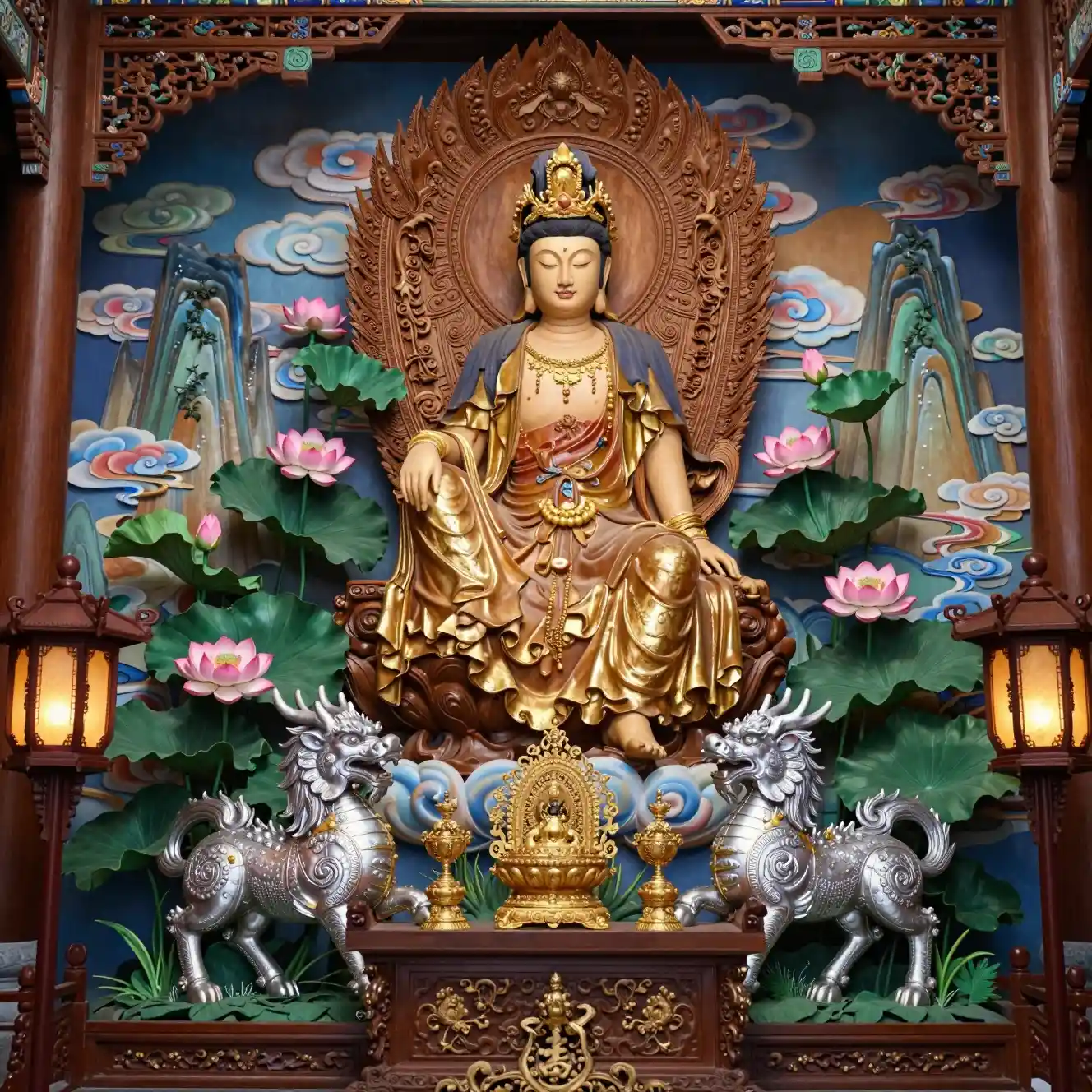 Sacred Wooden Guan Yin Statue With Lotus And Mythical Beasts