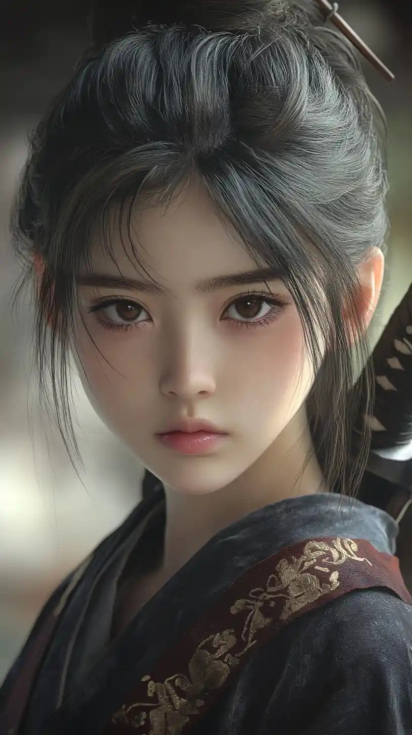 Stoic young girl with katana in misty village