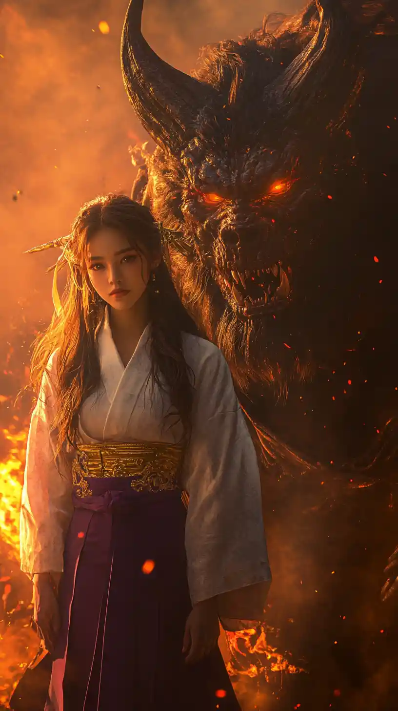 Woman in kimono beside colossal demon at fiery sunset