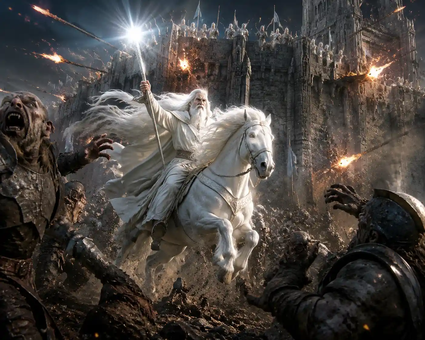 White wizard charging through an orc army in battle