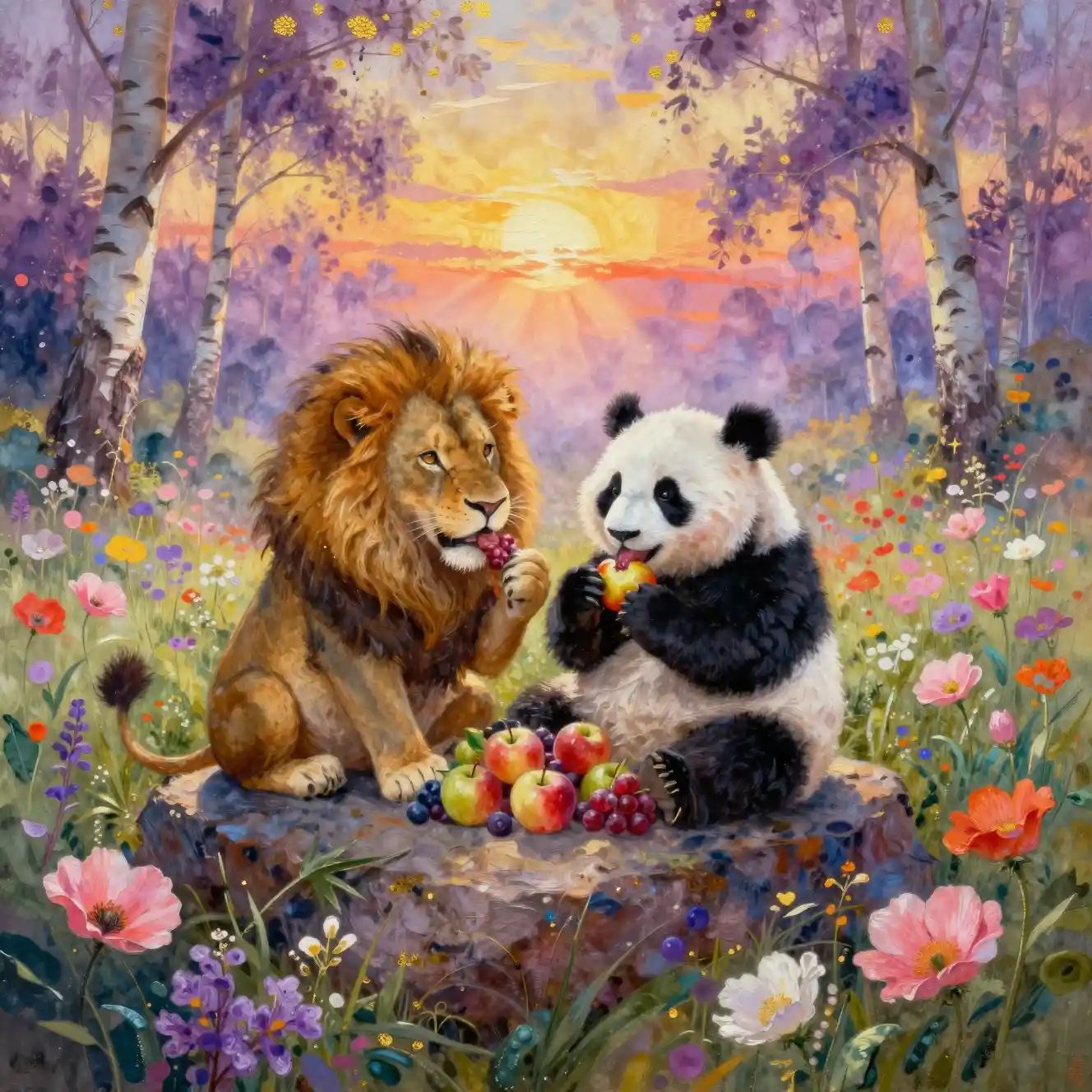 Lion and panda sharing food on a sunset flower field rock
