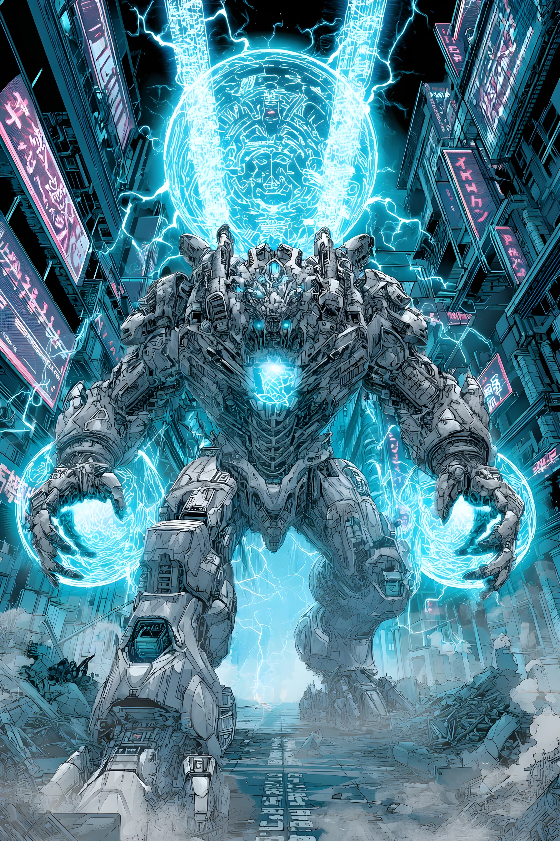 Cybernetic mecha summoning plasma portals in neon city
