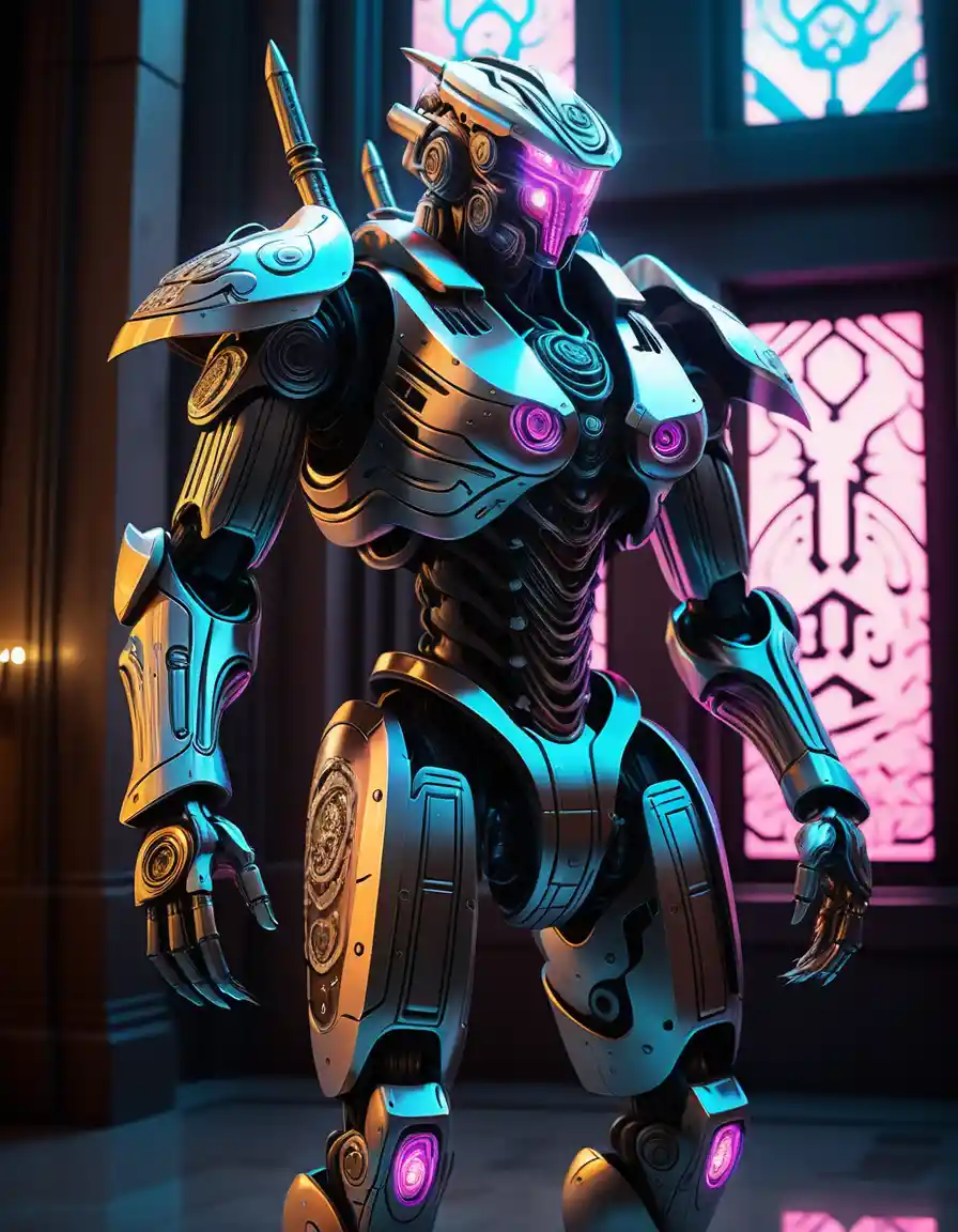Biomechanical guardian rising in a neon cathedral forge