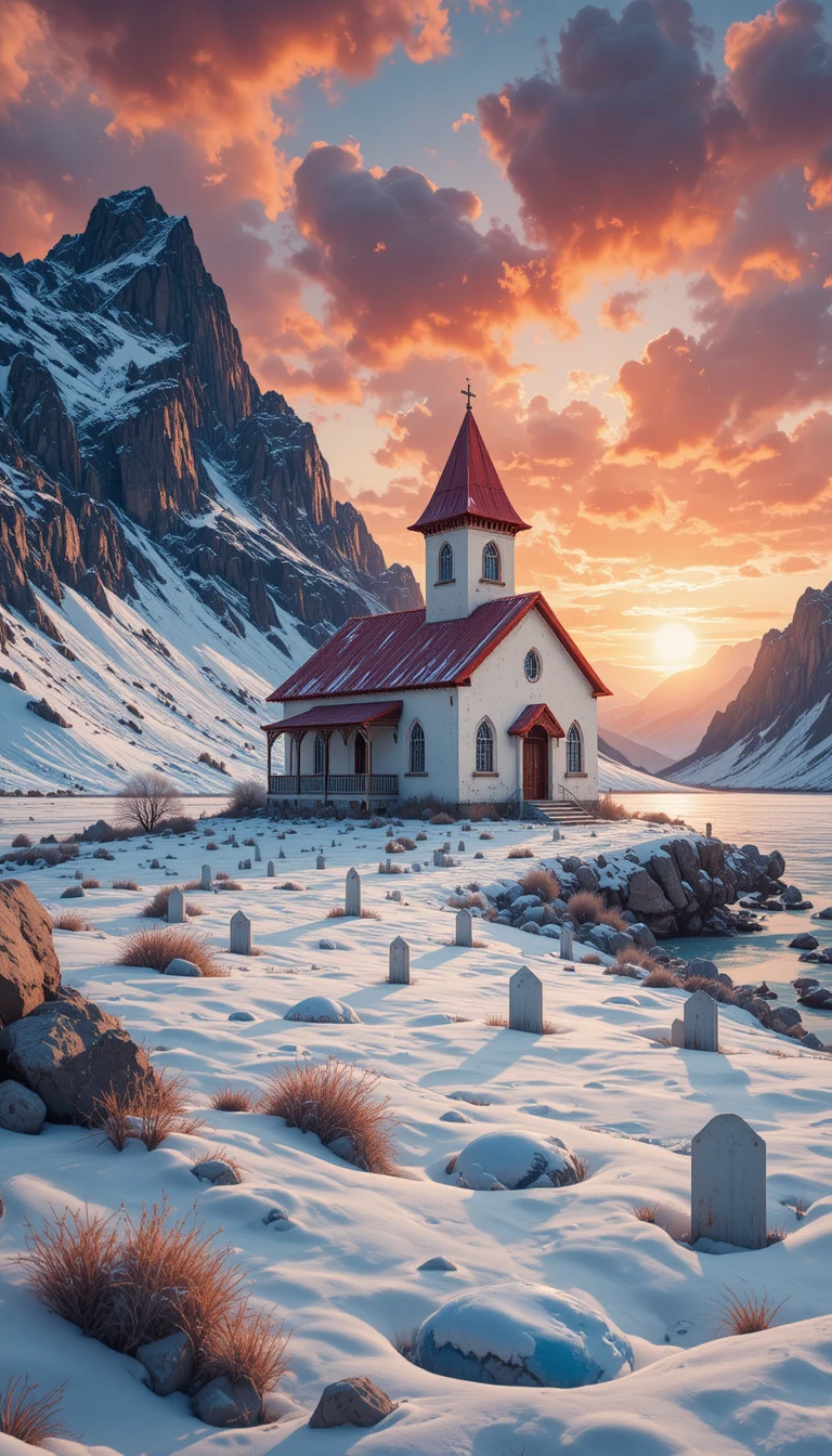 Mountain church by frozen lake at quiet winter sunset