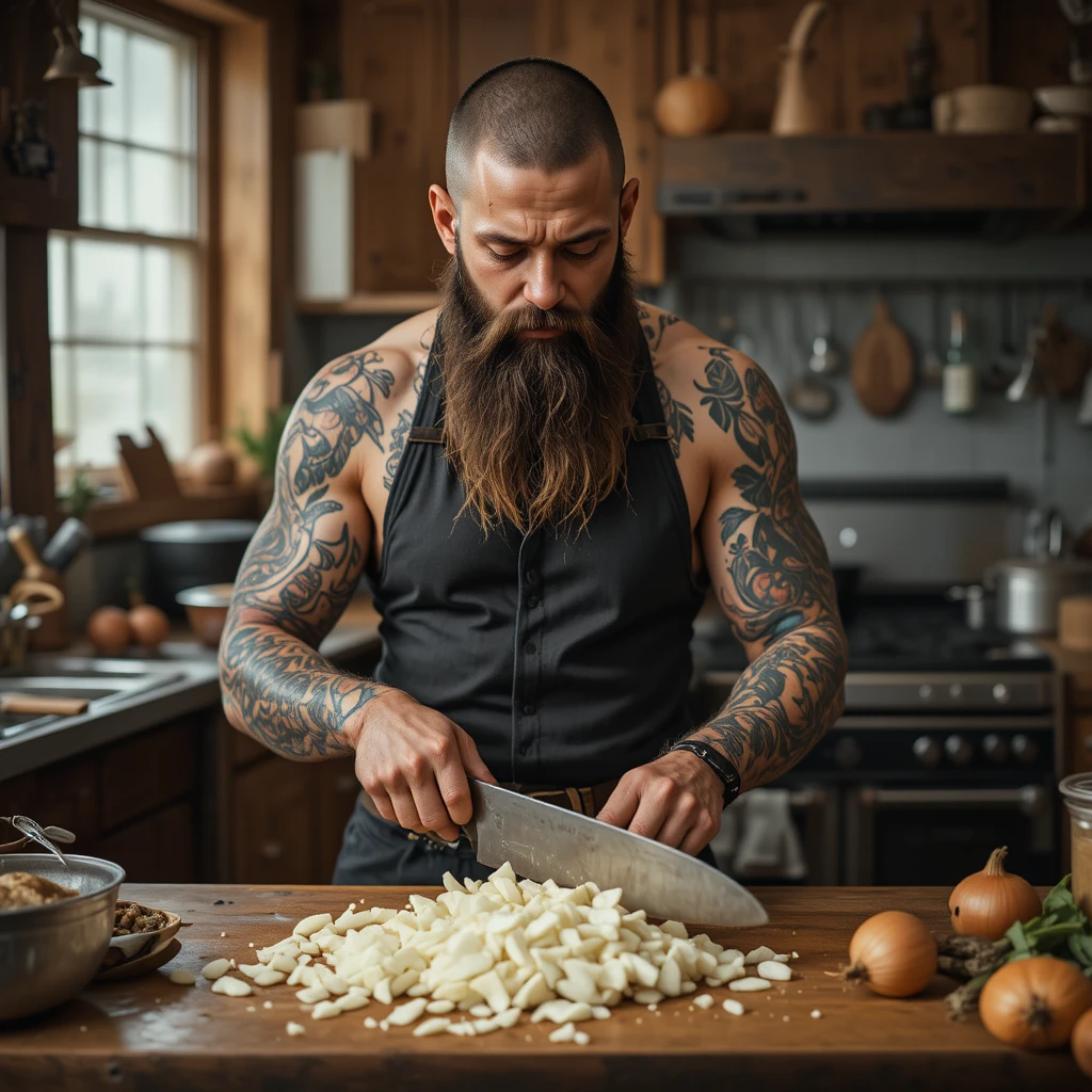 Bald bearded man chopping onions and crying in kitchen
