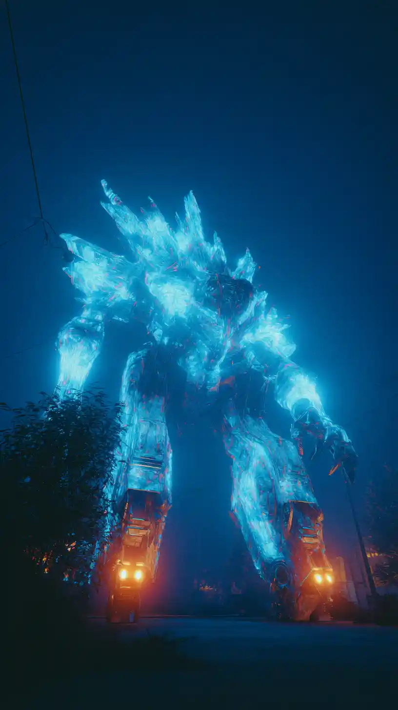 Giant bioluminescent mecha creature from an extreme low angle