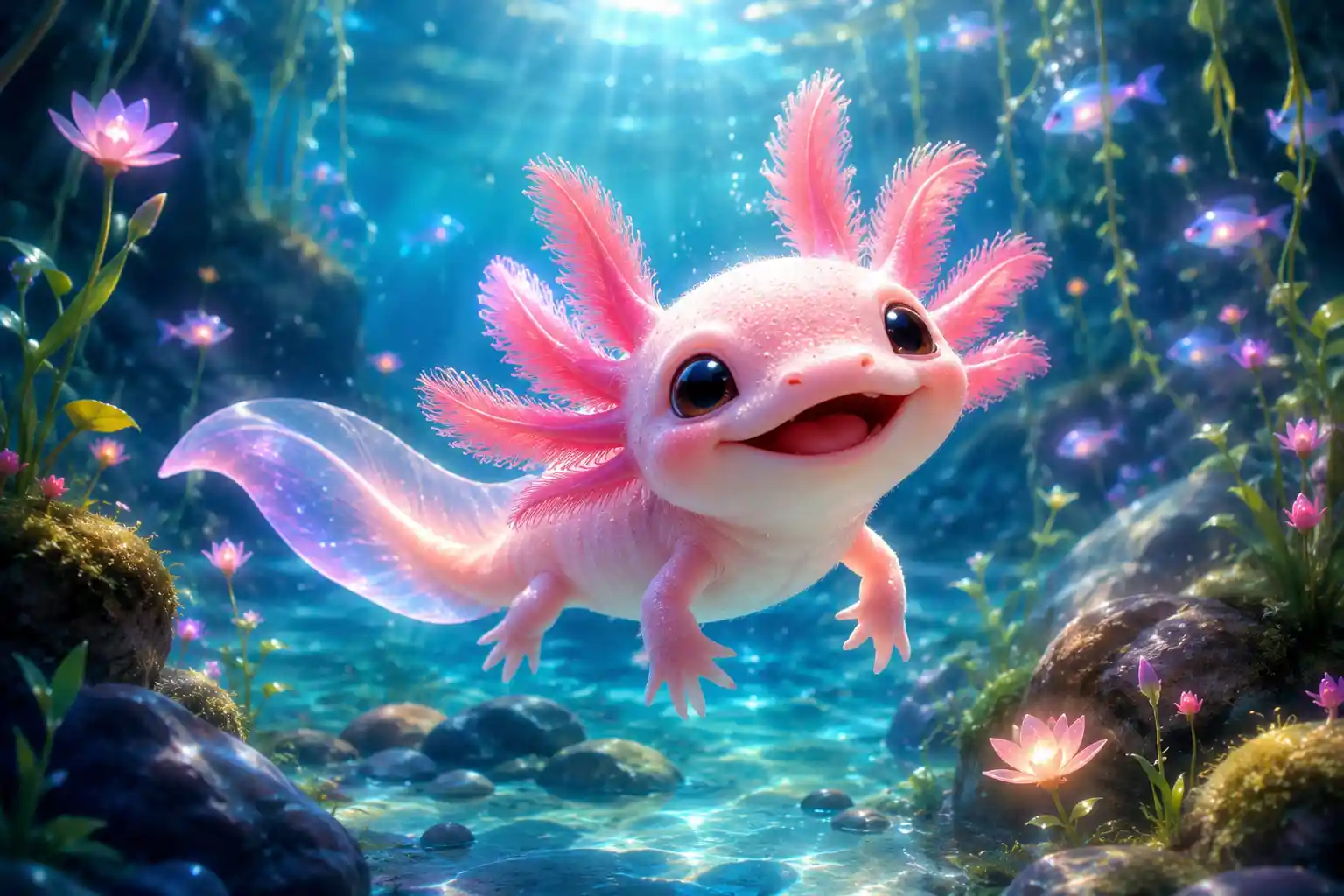 Cute pixar style baby axolotl in glowing pond