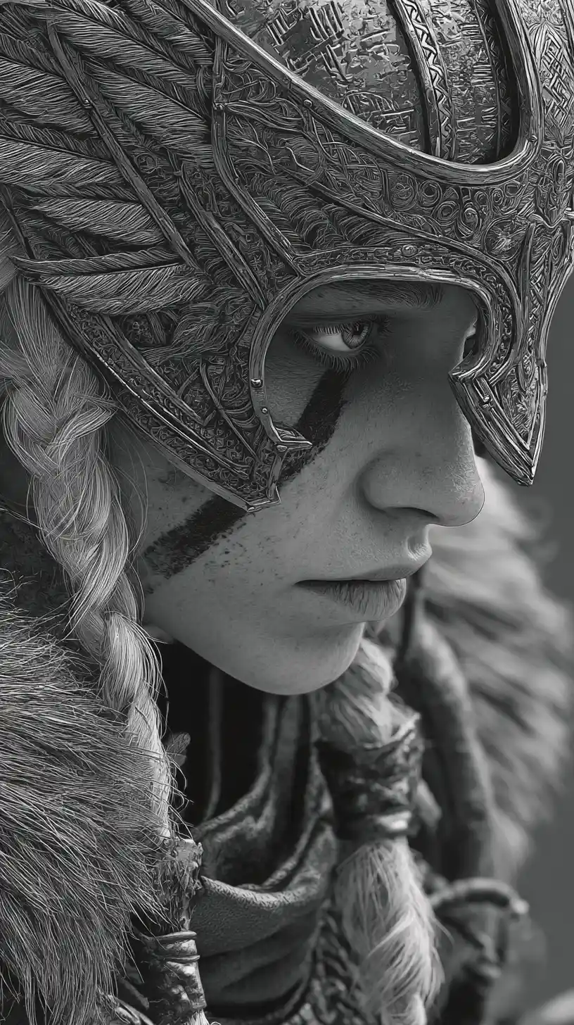 Close up portrait of fierce female viking warrior in helmet
