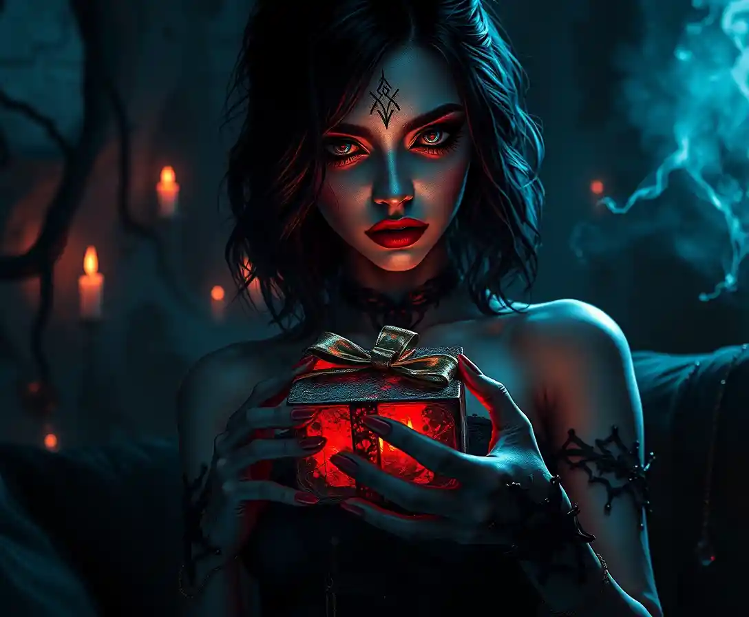 Surreal woman presenting a dark mysterious gift