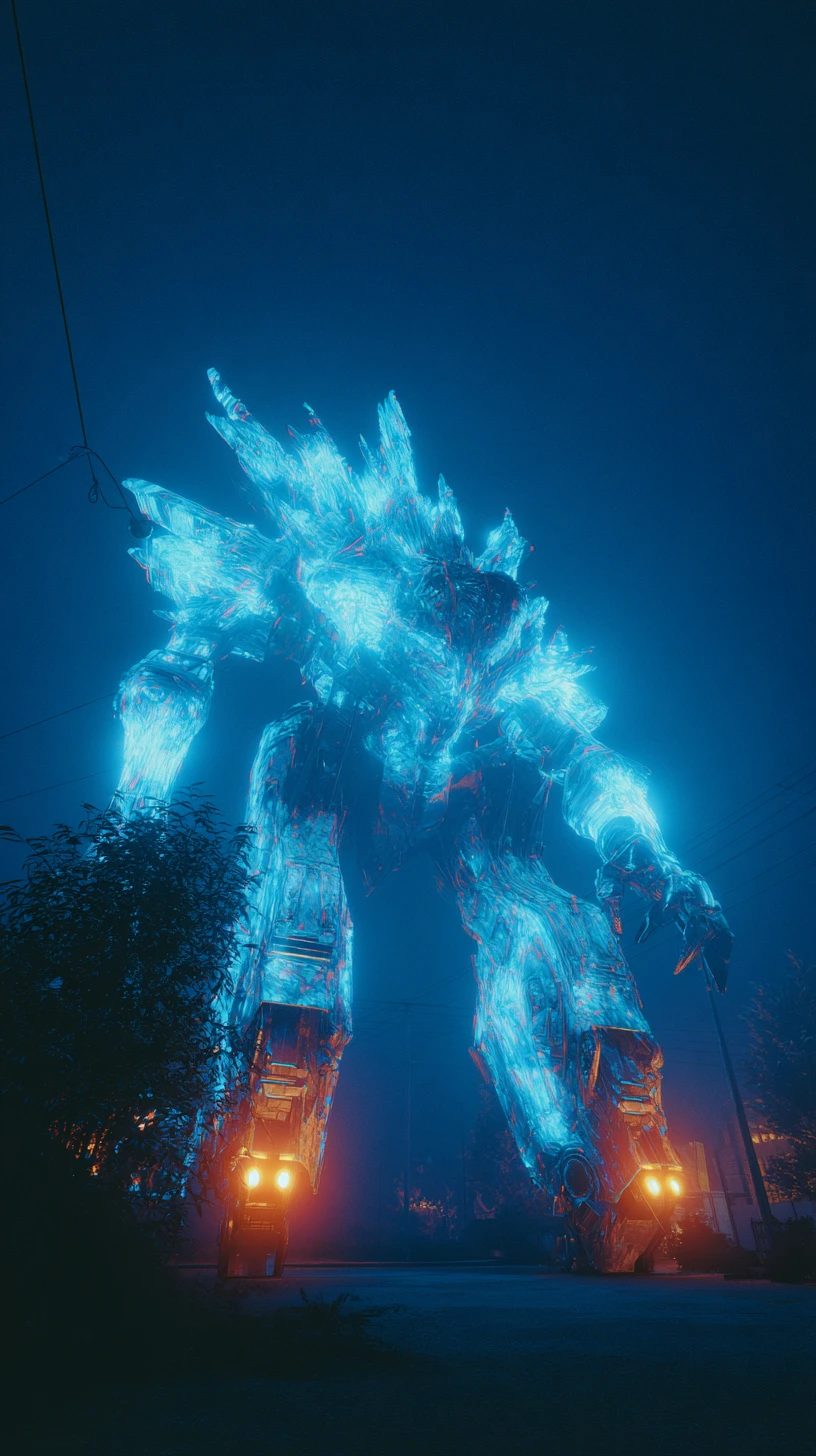 Giant bioluminescent mecha creature from an extreme low angle