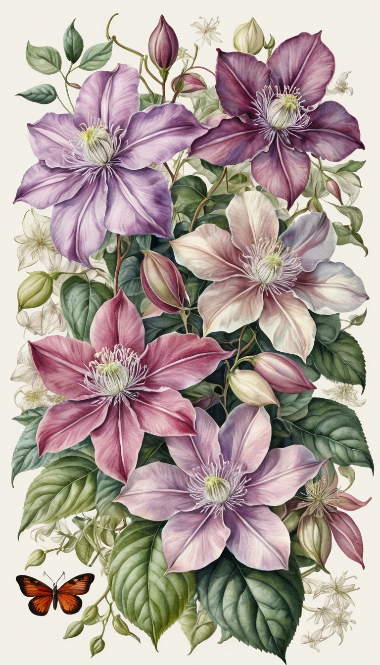 Folleto gráfico con ilustración de flor de clemátide en acuarela