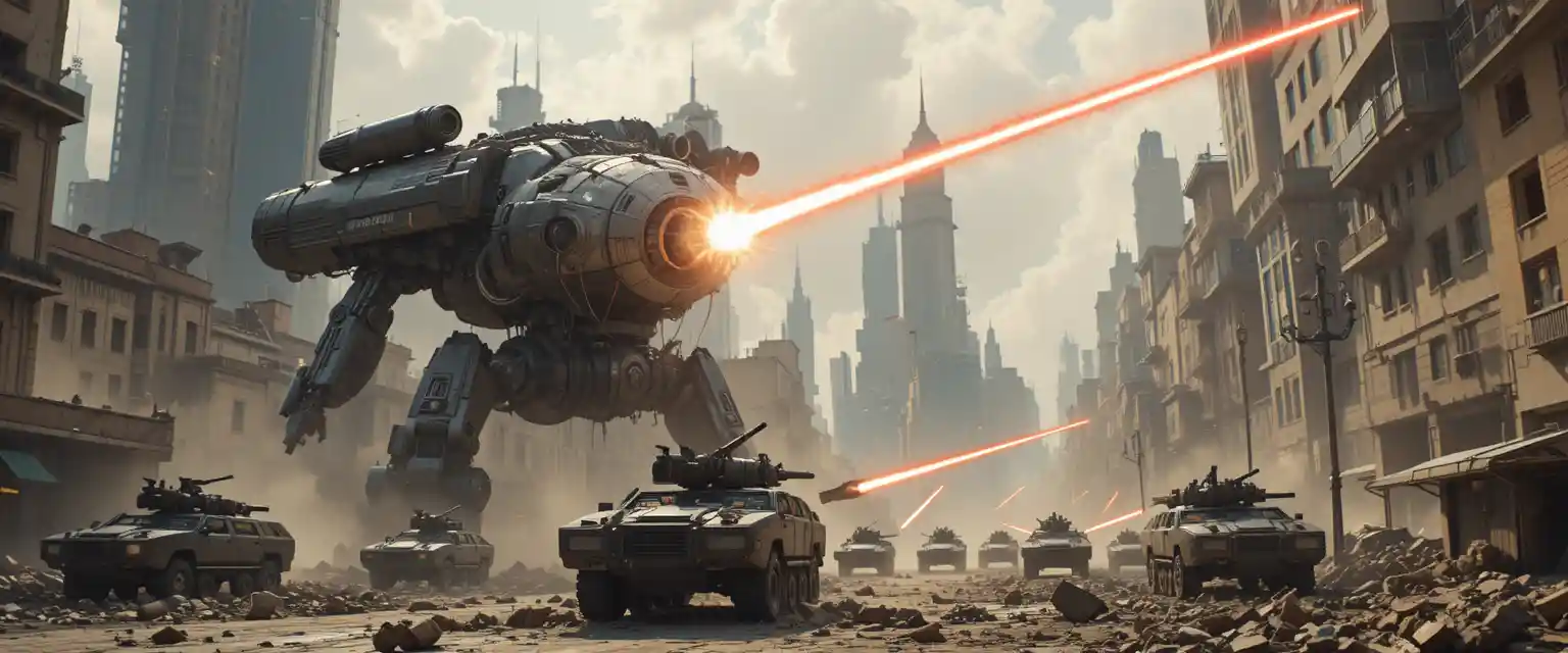 Giant war machine firing lasers in ruined city streets
