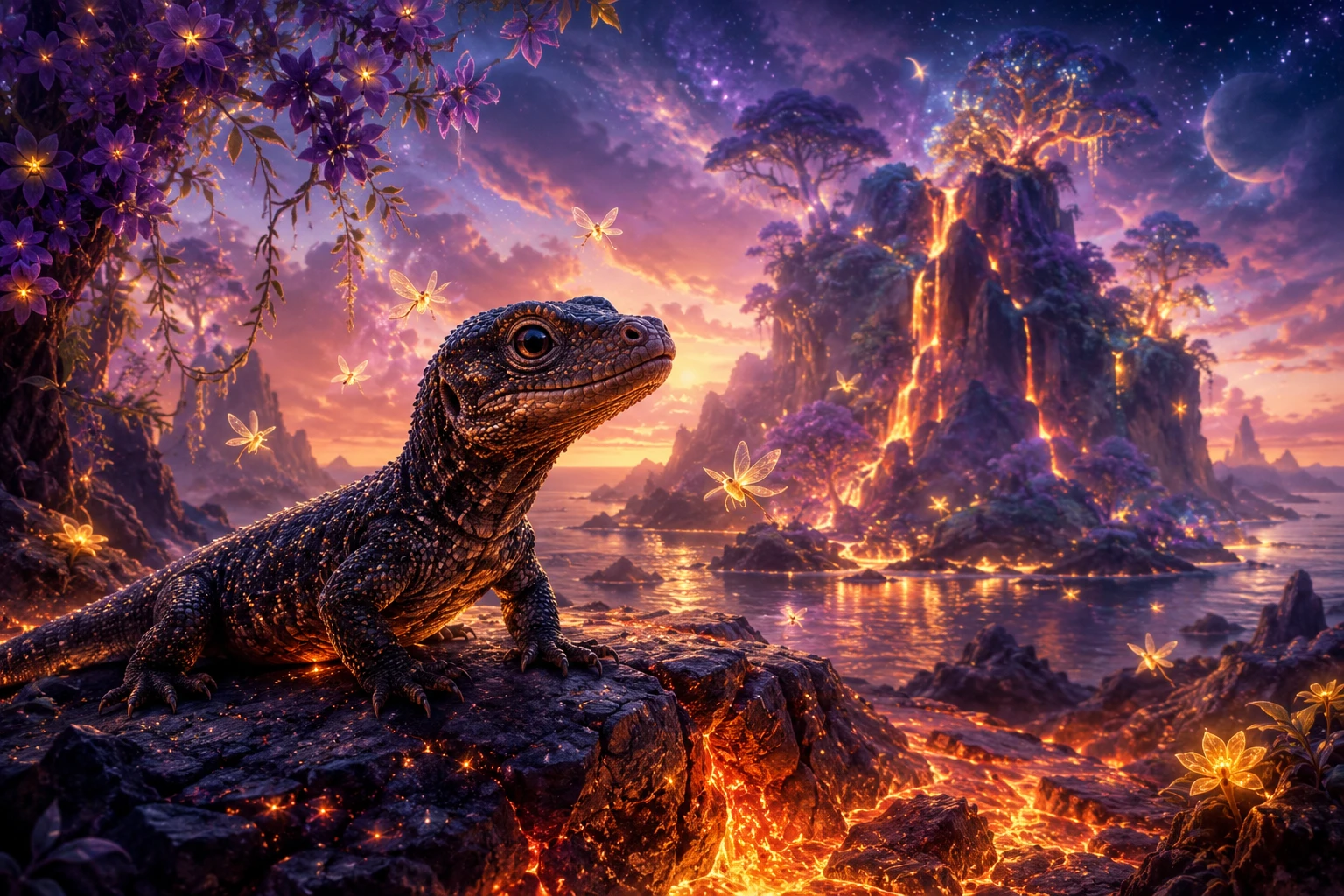 Baby lizard exploring glowing lava rocks in fantasy island