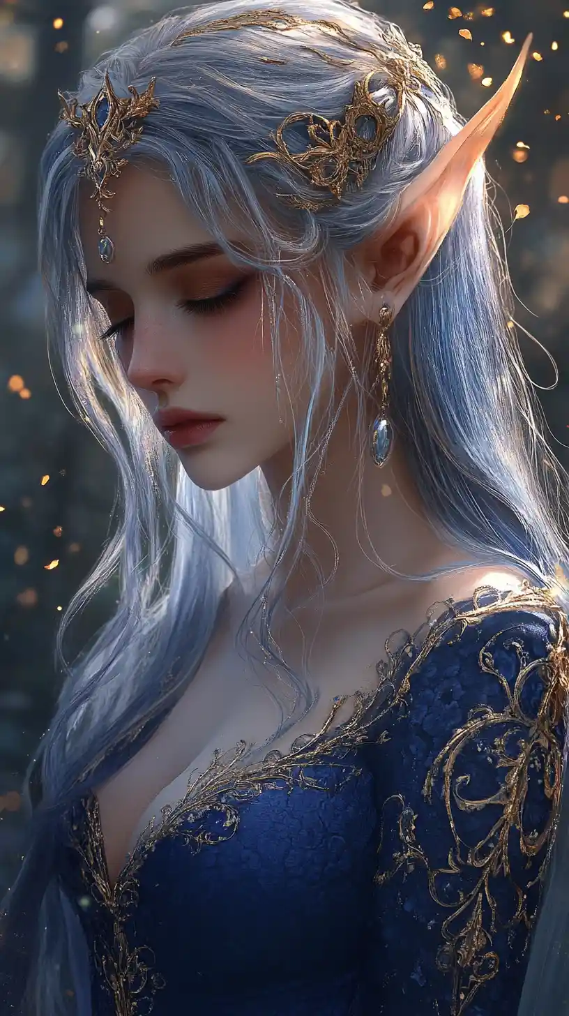Serene Elf Woman In Golden Light Within Enchanted Forest