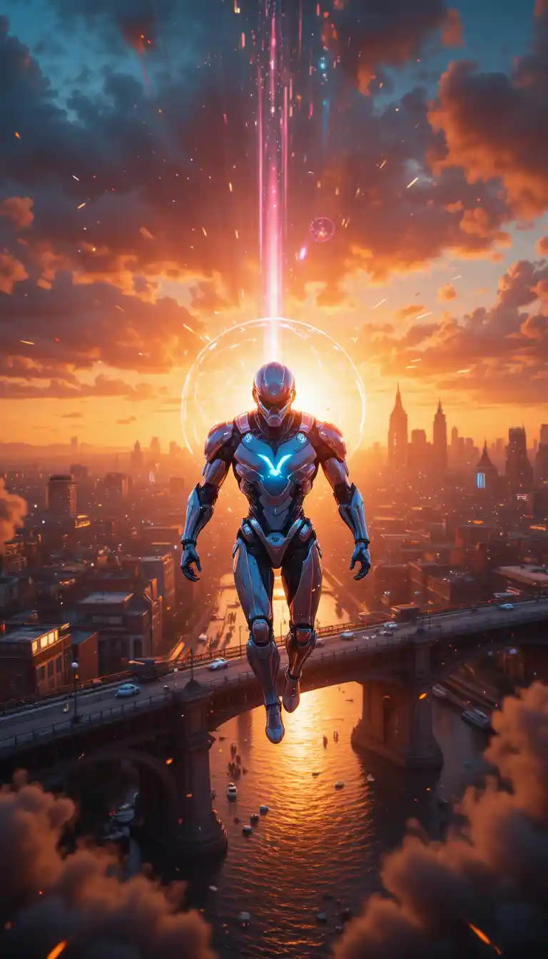 Futuristic robot warrior flying above a glowing bridge