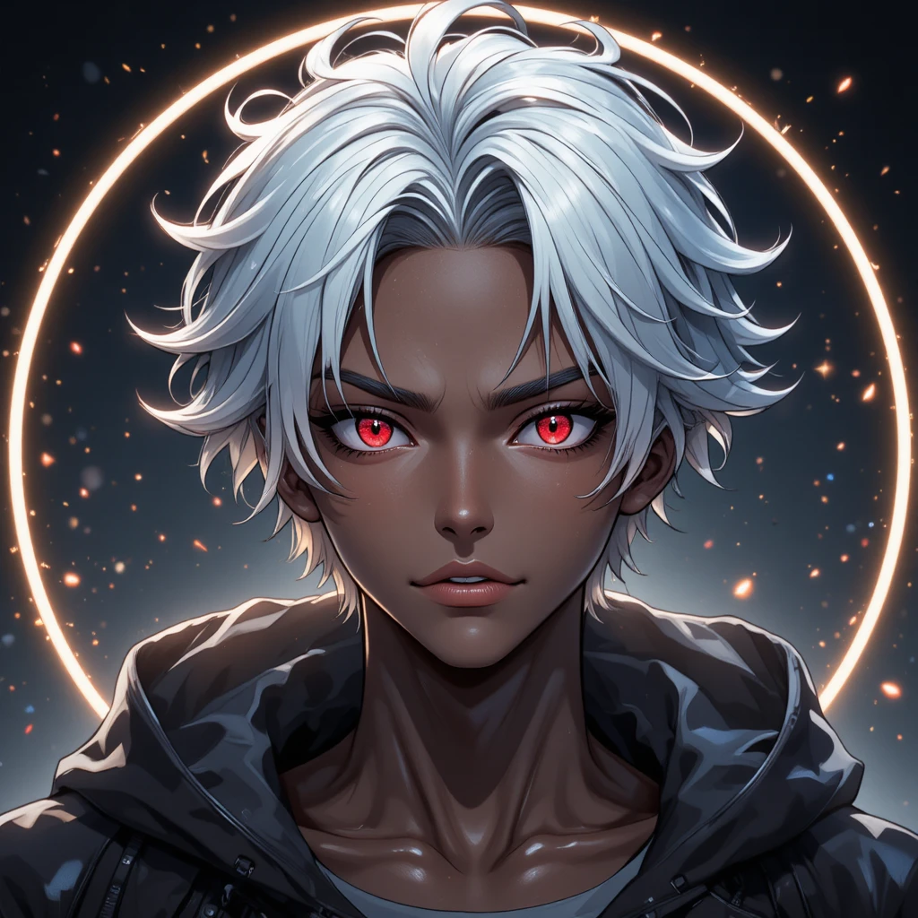 Anime boy with silver hair and red eyes portrait