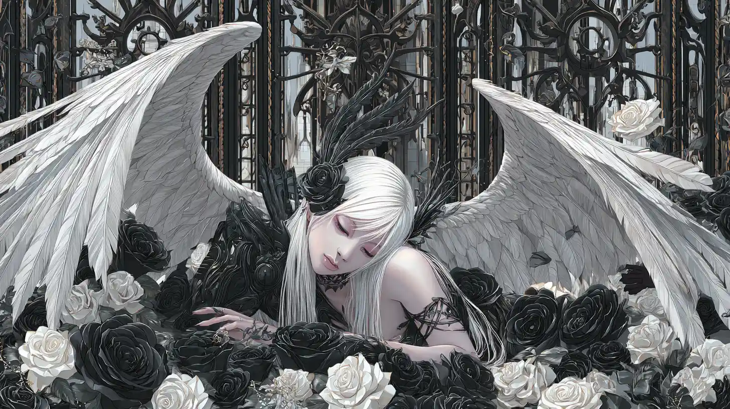 Punk angel with black wings resting in a dark rose garden