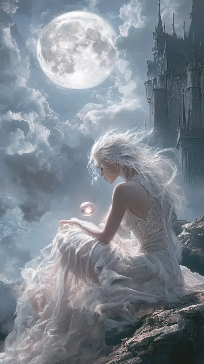Medieval courtyard under moonlight with kneeling sorceress