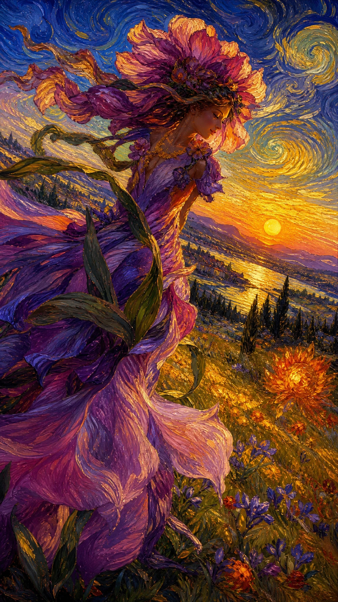 Sunlit fantasy flowers glowing in a warm evening breeze