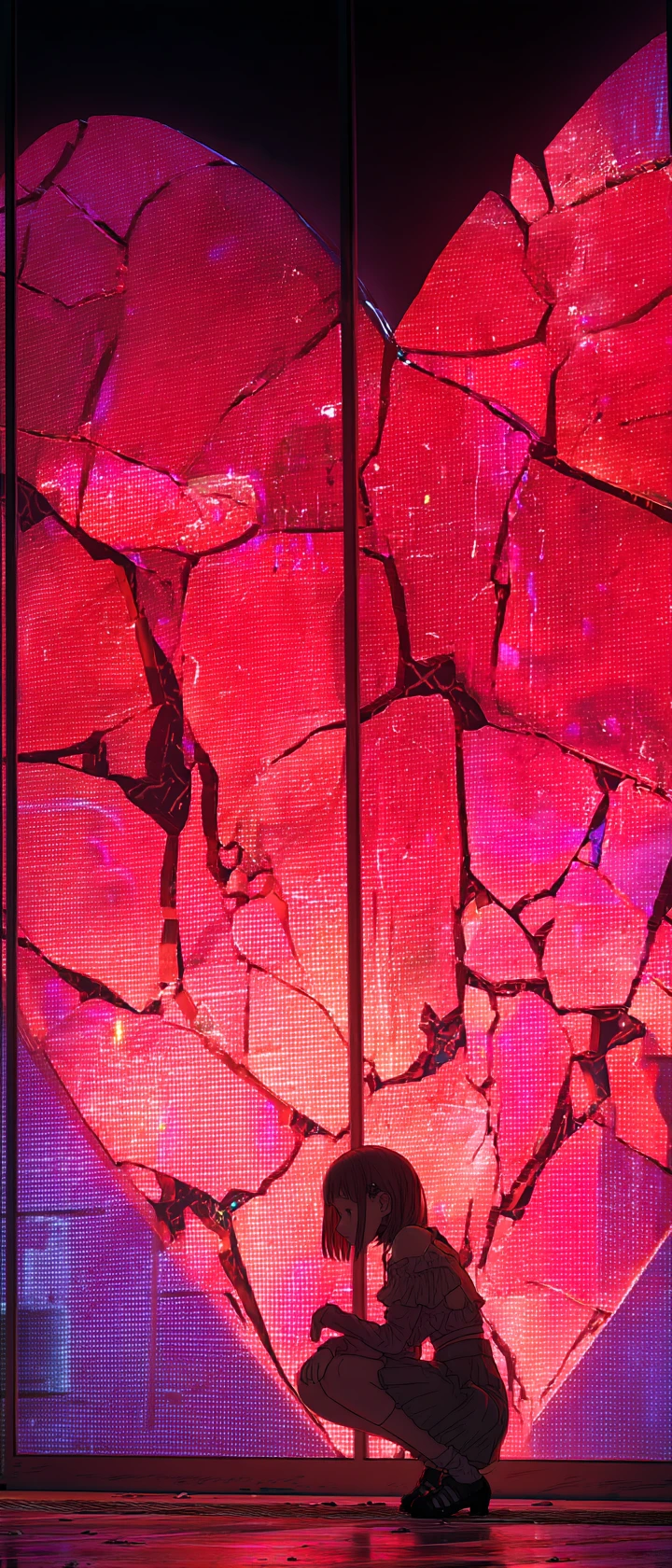 Sad anime girl inside a cracked neon heart above city
